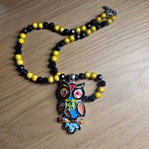 Owl Necklace Long Colorful Enamel Multi-Color Pendant 3" Bird 10" black yellow "